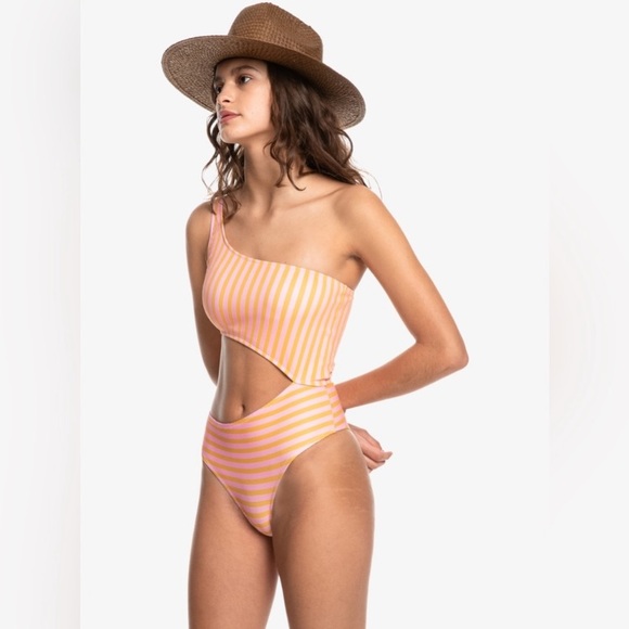 Quicksilver Asymmetrical One Shoulder Striped Coral One Piece Swimsuit - Picture 9 of 11